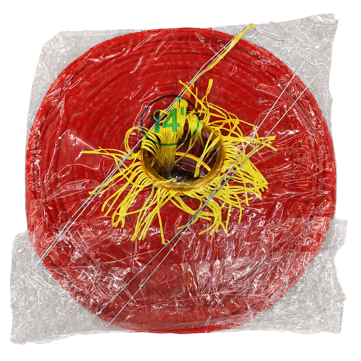 One clear package containing two collapsed fourteen-inch red cloth lanterns